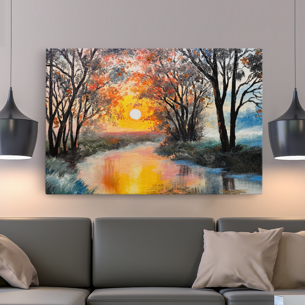 Tablou abstract apus pe rau, river sunset, pictura