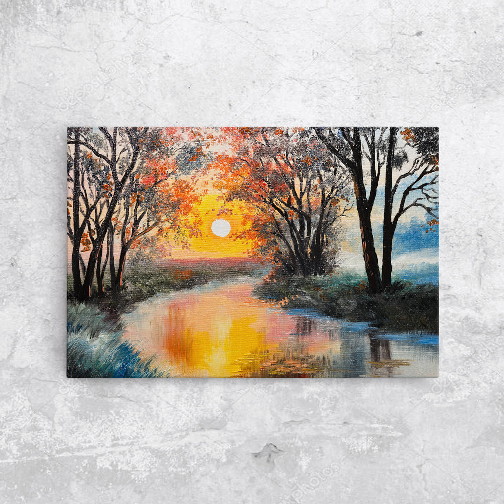 Tablou abstract apus pe rau, river sunset, pictura