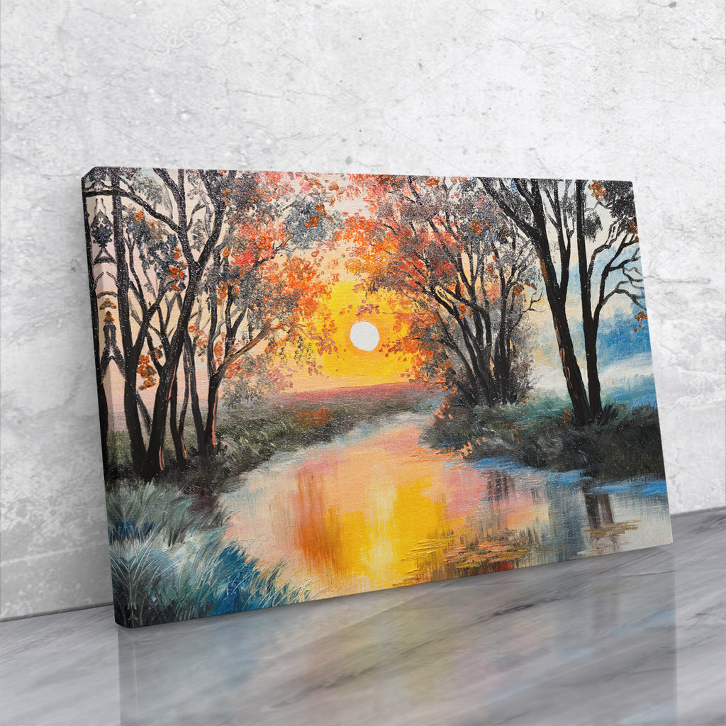 Tablou abstract apus pe rau, river sunset, pictura